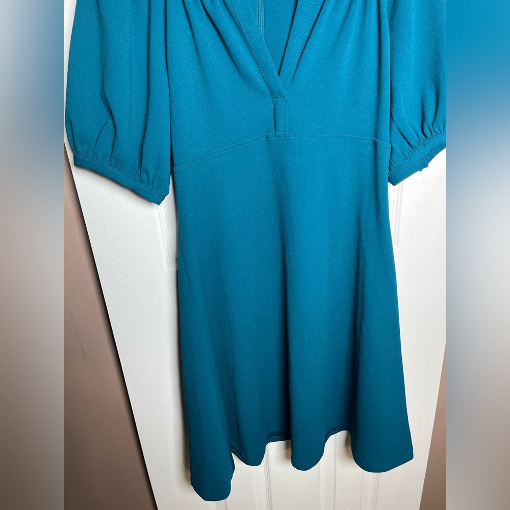 Calvin Klein Women's 6P Teal Blue Split Neck A-Line Mini Dress - Picture 5 of 16